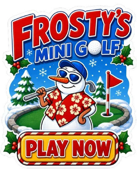 Frosty's Mini Golf Play Now graphic with a snowman golfer beside a holiday putting green